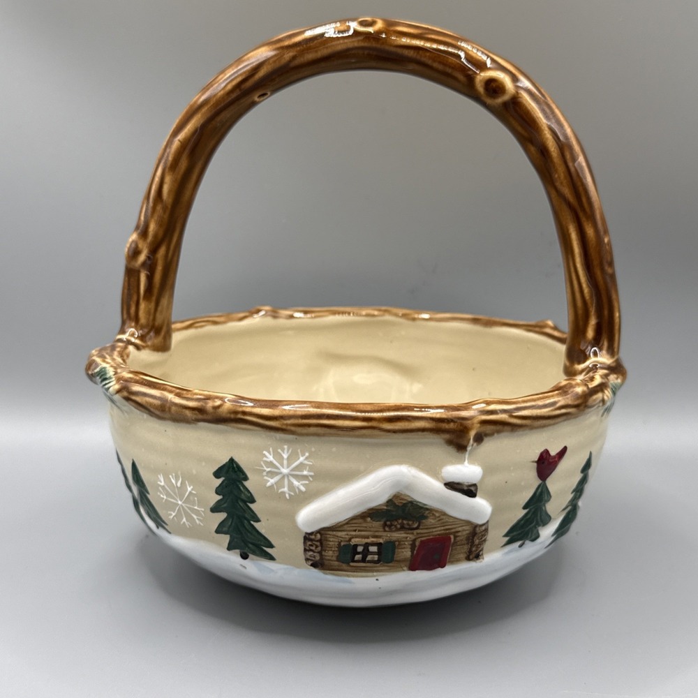 Heartland Basket 7" H Cabin in Snow Tree Saint Nicholas Square Tan Green White